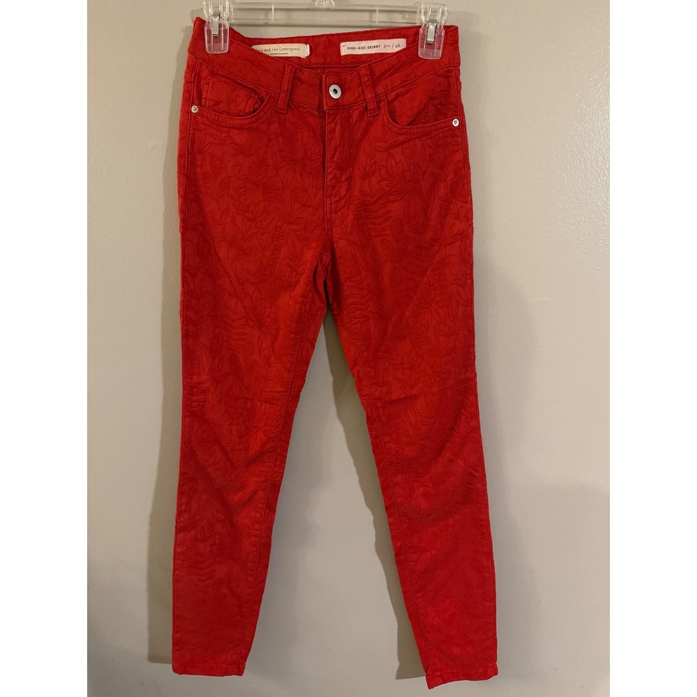 Pilcro and the Letterpress Anthropologie Red Floral Jacquard High Rise Skinny 26